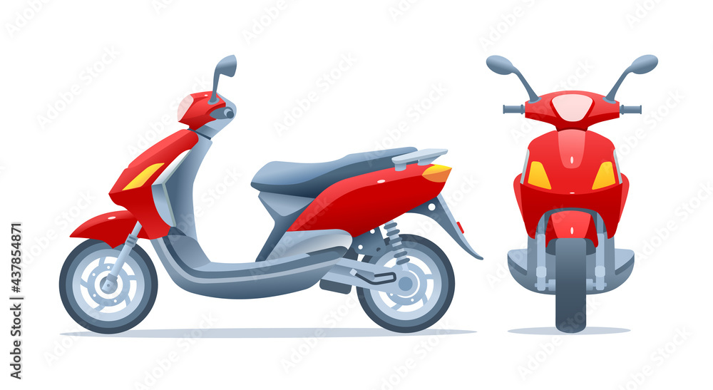 Red scooter, two views, frontal and side, isolated on a white background. Motorcycle front and side view. Vector illustration