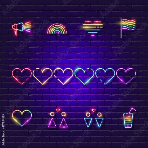 Gay Pride neon icon set. LGBT neon signs. Gay Pride concept. Vector illustration for design. Gay Pride glowing logo, light banner element, advertising, postcard.