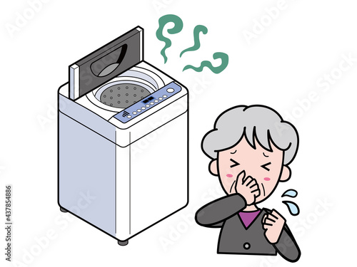 異臭がする臭い洗濯機に困っているおばあさん