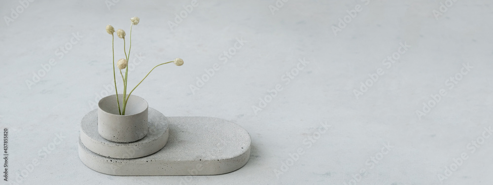 Banner. pedestal or product display concrete podium with dry minimalistic flowers and nature leaves on green background. Copy space. Banner. pedestal or product display concrete podium with dry minimalistic flowers and nature leaves on green background. Copy space.