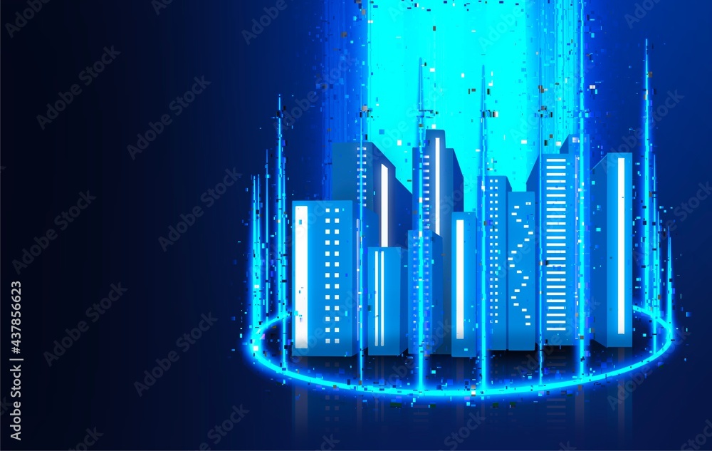 Modern cityscape and communication network concept. Telecommunication. 5G. Smart city. Digital transformation.