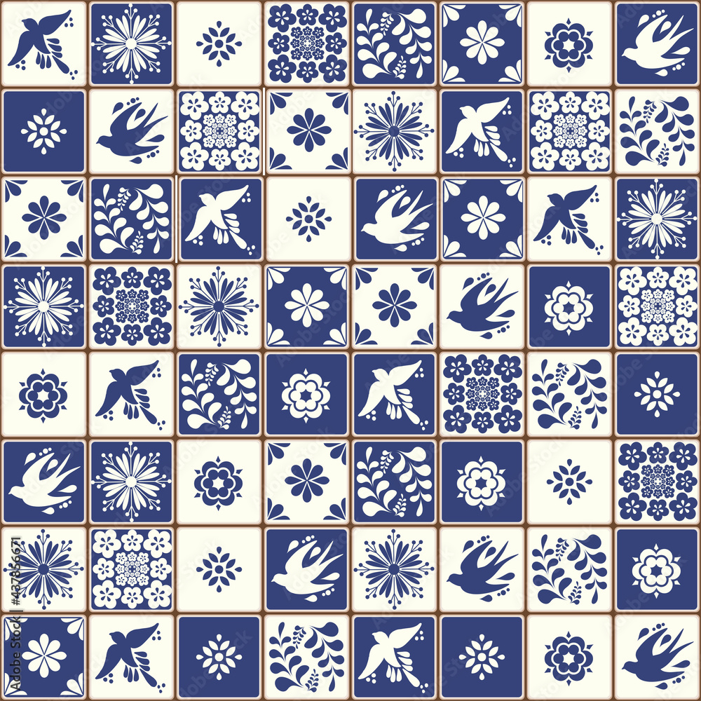 Fototapeta premium Blue Portuguese tiles pattern - Azulejos vector, fashion interior design tiles