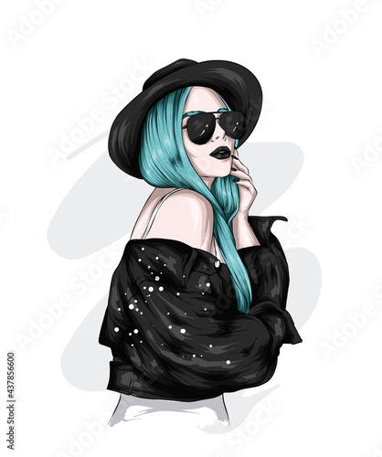 Beautiful girl in a stylish hat and glasses. Vector illustration. Fashion and style, clothing and accessories.