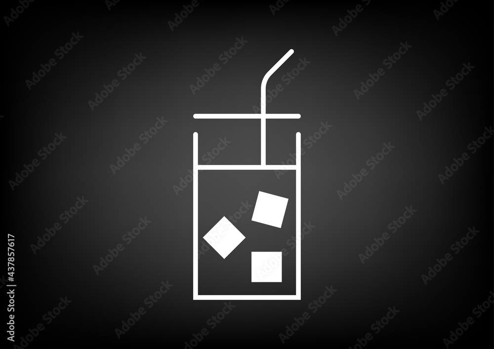 Food and drink logo. Minimalistic white line art of a glass of water and cube ice with straw illustration on black background, banner. Food and drink logo. Minimalistic white line art of a glass of water and cube ice with straw illustration on black background, banner.