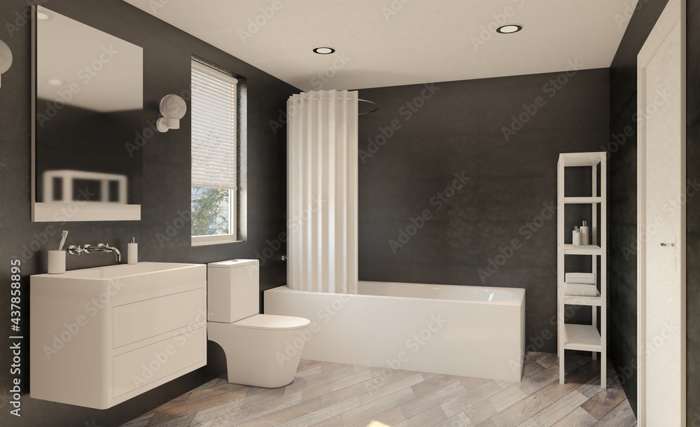 Fototapeta premium Scandinavian bathroom, classic vintage interior design. 3D rendering.
