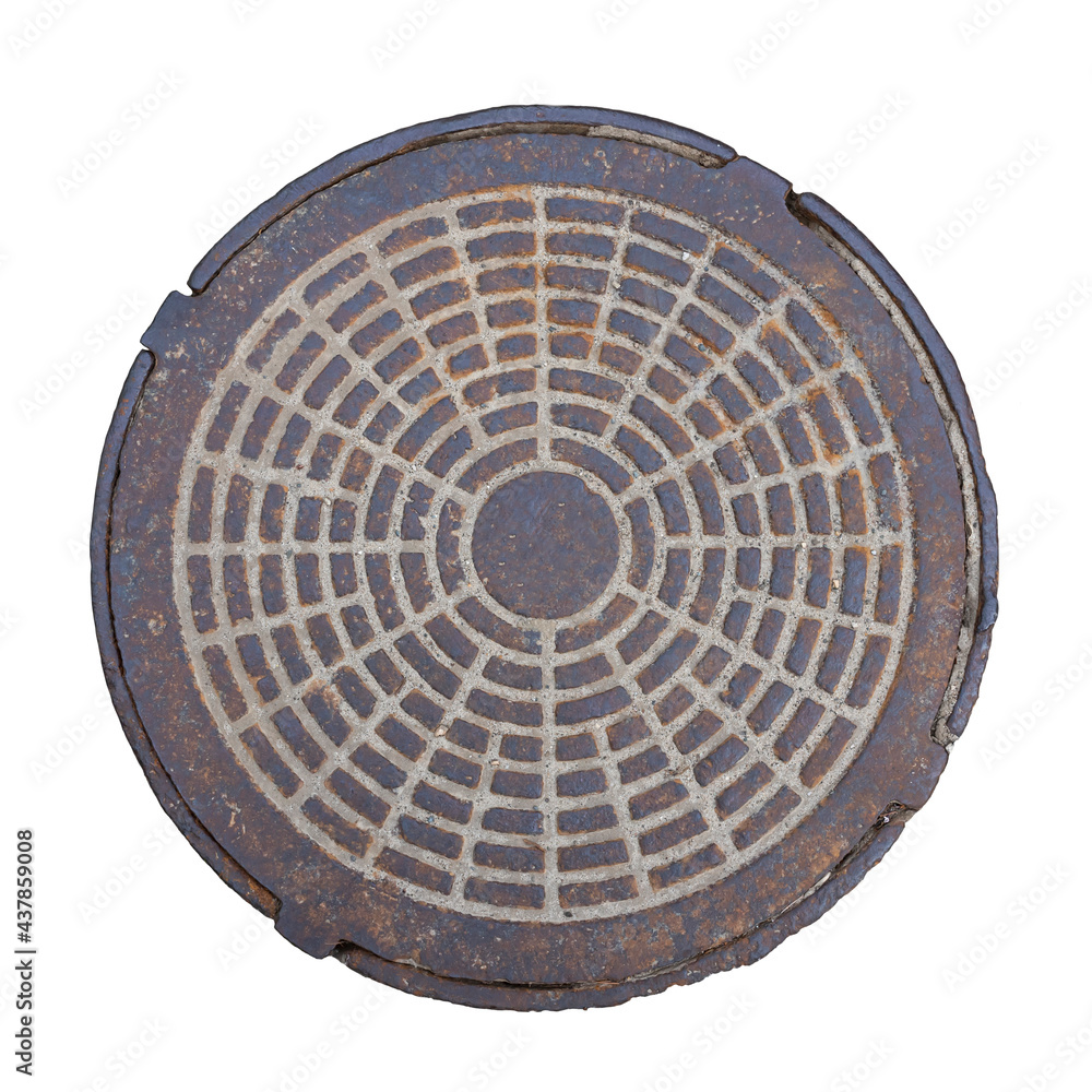 Old metal rusty manhole cover iron sewer cap  isolated on white top view. 
