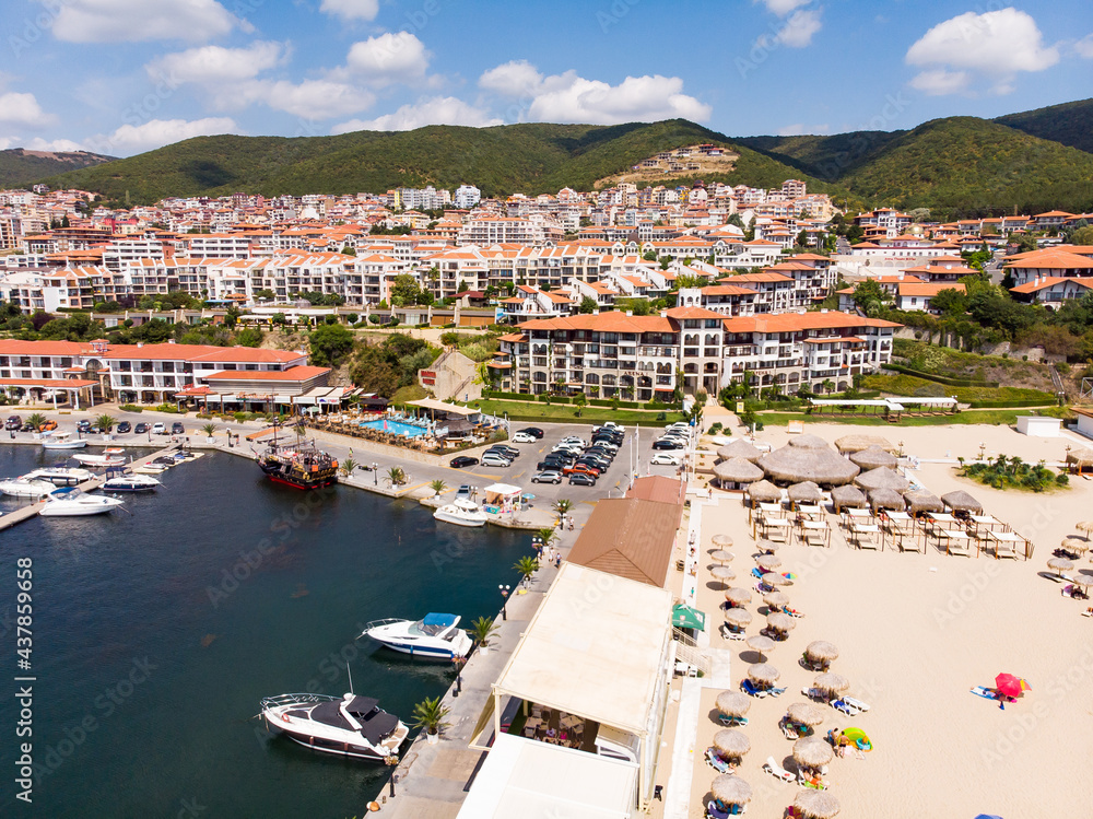 Sea port marina of Sveti Vlas in Bulgaria. Aerial photography, drone view. Summer holidays in Europe during quarantine.