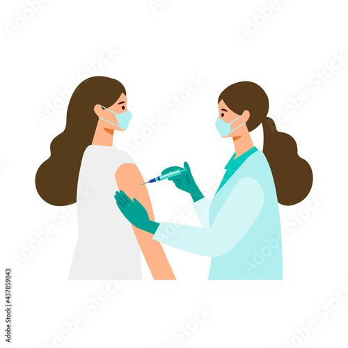Concept for coronavirus vaccination. Doctor makes an injection of flu vaccine to woman.
