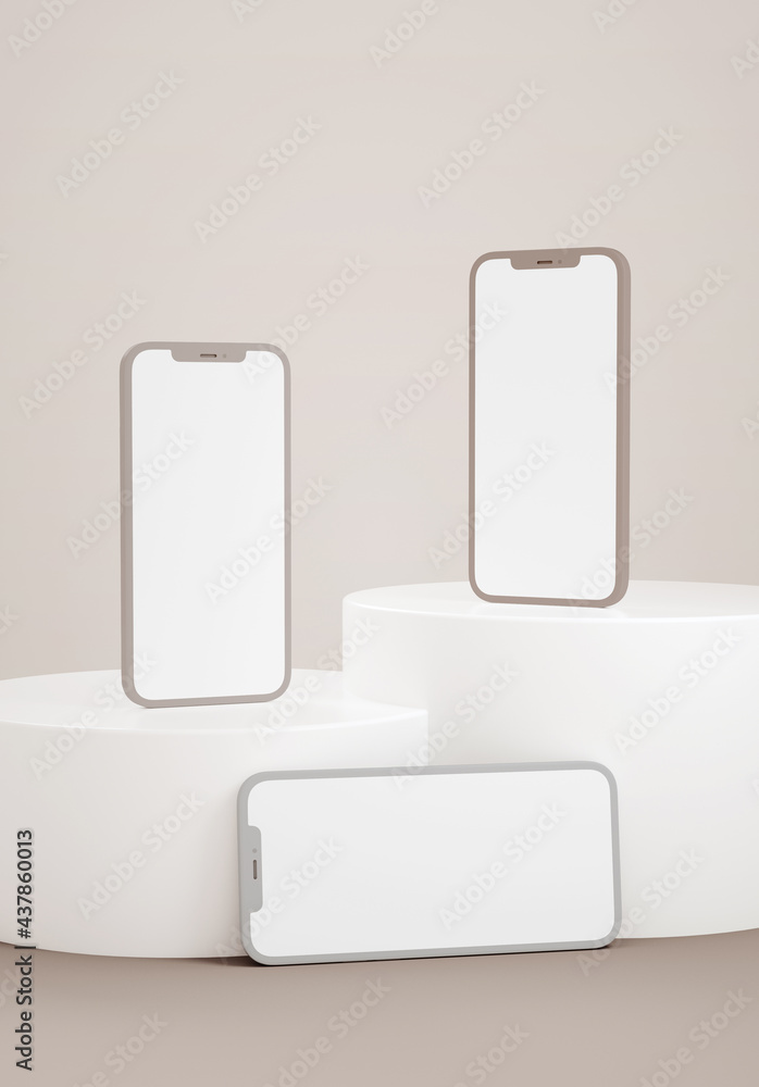 Phones mockup blank screen on platforms for app ui ux design. Application interface and web design presentation concept in 3D rendering - obrazy, fototapety, plakaty 