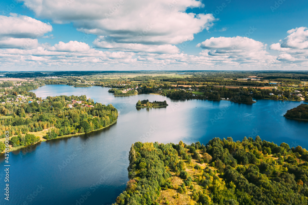 Lyepyel District, Vitebsk Region, Belarus. Aerial View Of Lyepyel Cityscape Skyline In Summer Day. Sunny Sky Above Lepel Lake. Top View Of European Nature From High Attitude In Summer. Bird's Eye View