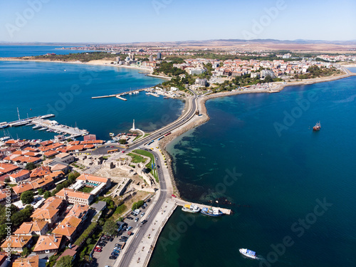 Aerial view of the old town of Nessebar, the Black Sea, Sunny Beach resort and mountains, Bulgaria. Drone view from above. Summer holidays destination