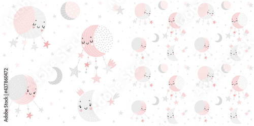Space Dreams childish cute seamless hand drawn pattern with moons and stars.