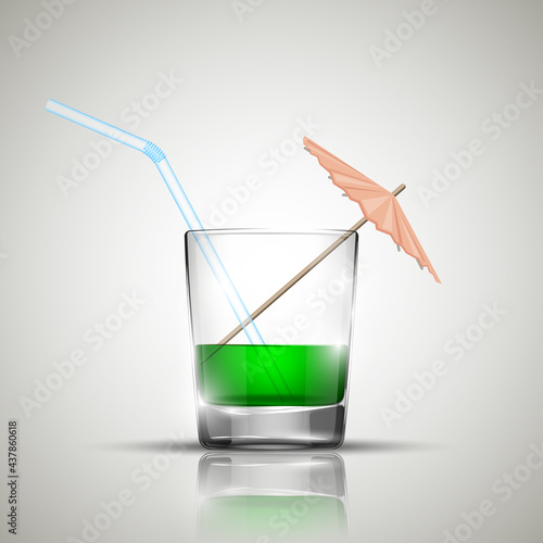 Glass cold drink alcohol & straw. Bright soda & umbrella. A glass of lemonade or fruit juice with umbrella. Cold iced tea. Bar with a glass of cocktail fizzy water with straw