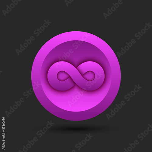 Infinite symbol logo for cryptocurrency on a round pink background infinite 3d geometric shape.