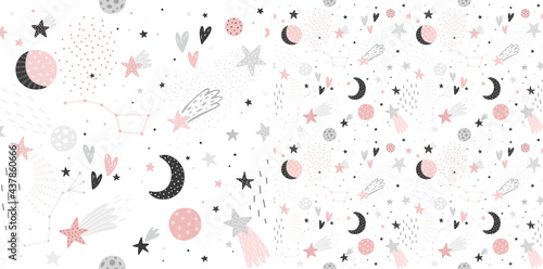 Space Dreams childish seamless hand drawn pattern with moon and stars.