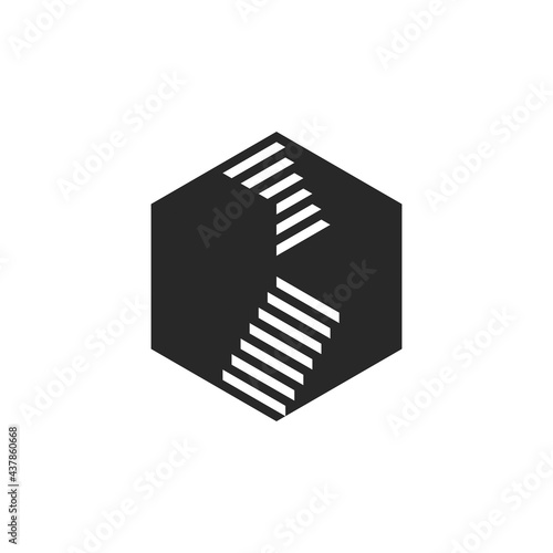 Staircase logo with steps black and white negative space style, hexagon 3d illusion geometric shape.