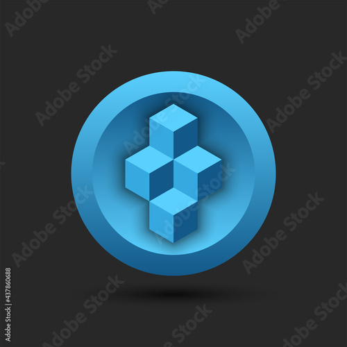 Blockchain logo for cryptocurrency on a round blue background, cubes isometric 3d geometric shape.