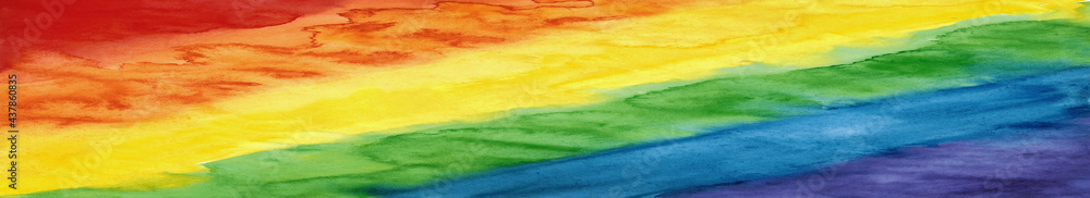 LGBT pride rainbow flag. Symbol of sexual minorities and tolerance. LGBTQ, LGBT + community concept. Watercolor painted background with copy space for design. Wide banner. Website header.