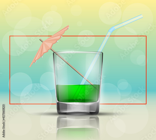 Glass cold drink alcohol & straw. Bright soda & umbrella. A glass of lemonade or fruit juice with umbrella. Cold iced tea. Bar with a glass of cocktail fizzy water drink with straw