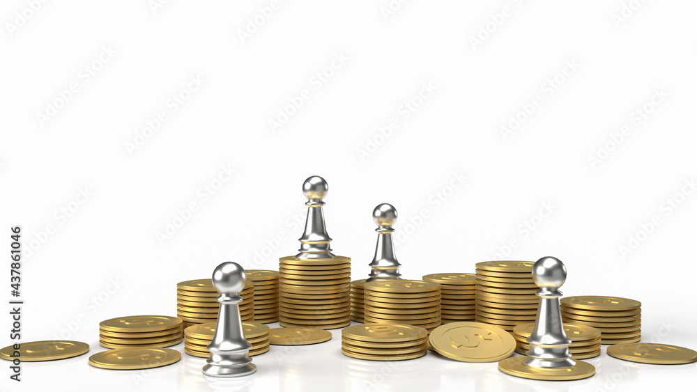 The silver chess and gold coins on white background for business concept 3d rendering The silver chess and gold coins on white background for business concept 3d rendering