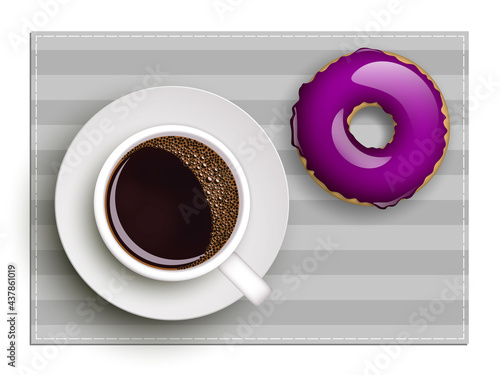 Cup of coffee on warfare dish, donut in glaze. Breakfast image, top view. Morning drink with sweetness. Hot coffee cup on white platter, donut glaze. Light snack top banner. Still life dessert