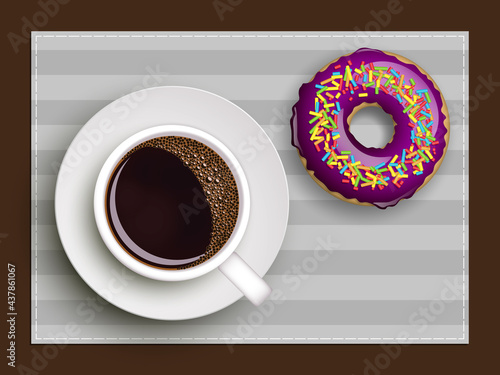 Cup of coffee on warfare dish, donut in glaze. Breakfast image, top view. Morning drink with sweetness. Hot coffee cup on white platter, donut glaze. Light snack top banner. Still life dessert