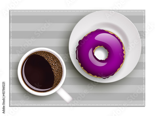 Cup of coffee on warfare dish, donut in glaze. Breakfast image, top view. Morning drink with sweetness. Hot coffee cup on white platter, donut glaze. Light snack top banner. Still life dessert