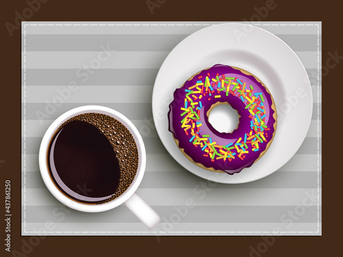 Cup of coffee on warfare dish, donut in glaze. Breakfast image, top view. Morning drink with sweetness. Hot coffee cup on white platter, donut glaze. Light snack top banner. Still life dessert