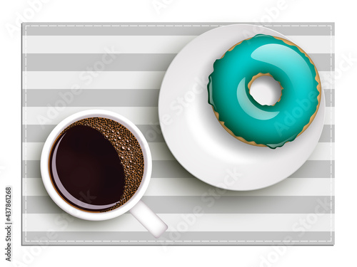 Cup of coffee on warfare dish, donut in glaze. Breakfast image, top view. Morning drink with sweetness. Hot coffee cup on white platter, donut glaze. Light snack top banner. Still life dessert