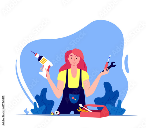 Feminism concept. Woman Foreman Builder with Instruments. Confident Technician Contractor with Drill. Opportunity Choose Profession.International Women Day. Empowerment.Motivation Vector Illustration photo