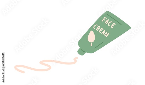 Open face cream tube and squeezed creme. Skincare organic cosmetics. Natural cosmetic product in plastic package. Colored flat vector illustration isolated on white background
