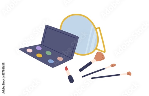 Decorative cosmetics for makeup and beauty. Eye shadows palette, open red lipstick, different brushes for make-up. Flat vector illustration of various women items isolated on white background