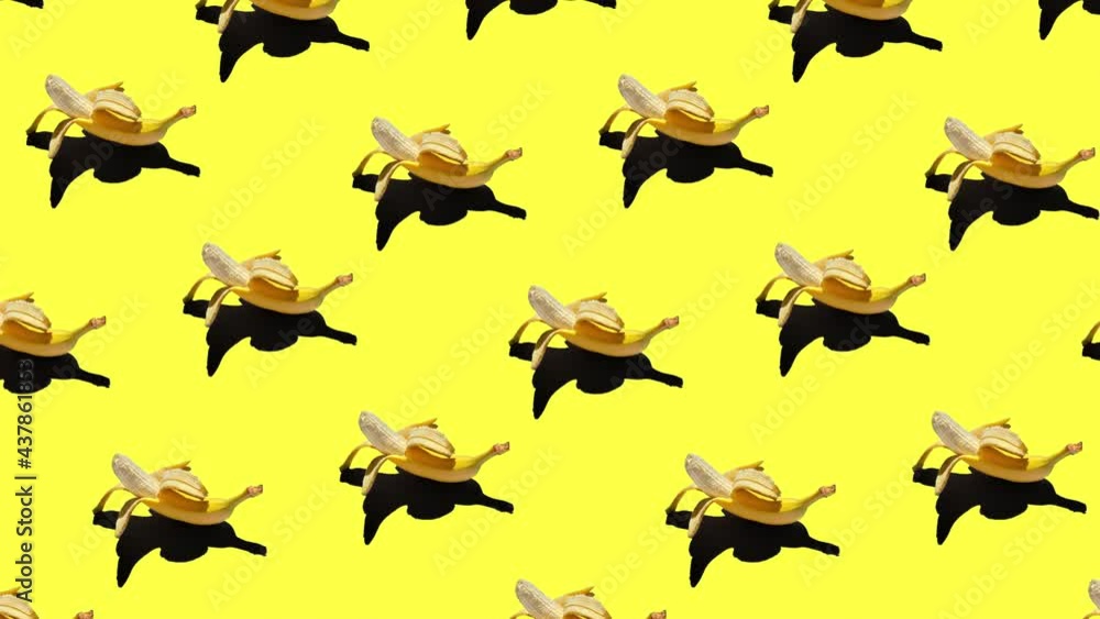 seamless looping pattern animation with ripe peeled yellow banana isolated on a bright background. hard shadows from the sun at noon seamless looping pattern animation with ripe peeled yellow banana isolated on a bright background. hard shadows from the sun at noon