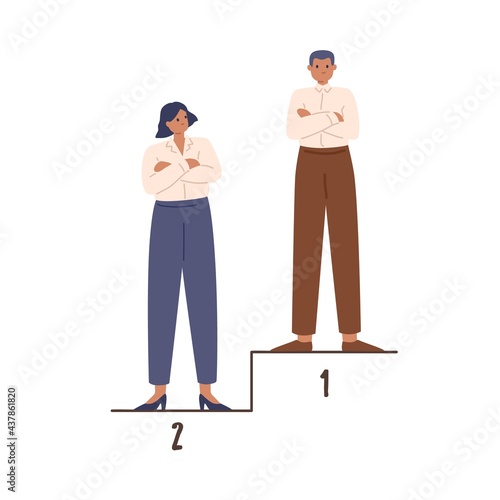 Man-winner and woman standing on pedestal on 1st and 2nd places. Concept of gender inequality in business. Male and female competitors. Colored flat vector illustration isolated on white background