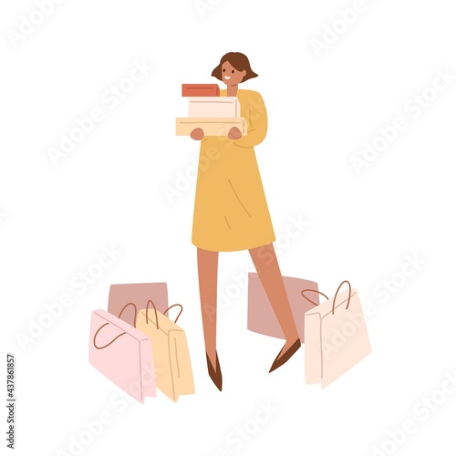 Happy smiling woman standing with many shopping paper bags around, holding stack of boxes. Buyer with gifts. Female character with purchases. Flat vector illustration isolated on white background