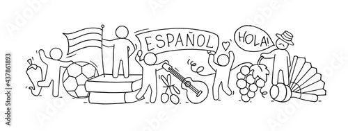 Banner with little peoplen and spanish symbols.