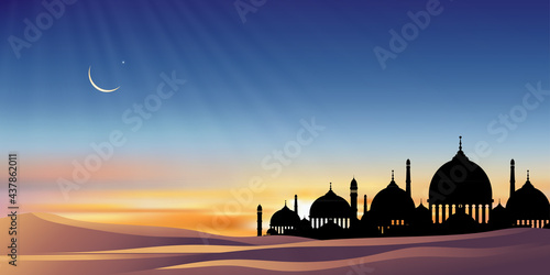 Eid al Adha Mubarak greeting card background with Silhouette Dome Mosques,Crescent Moon and Star with dusk twilight sky background,Vector Backdrop of Religions of Muslim Symbolic for Eid al fitr