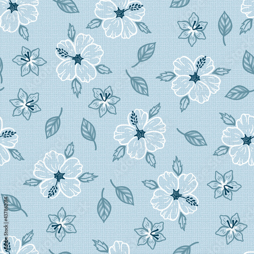 Tropical Floral pattern. Hibiscus Flowers and Leaves Seamless Pattern. Blue Background with Imitation Linen Burlap Texture. © AllNikArt