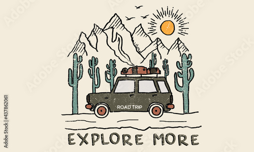 Road trip explore at the desert print design.