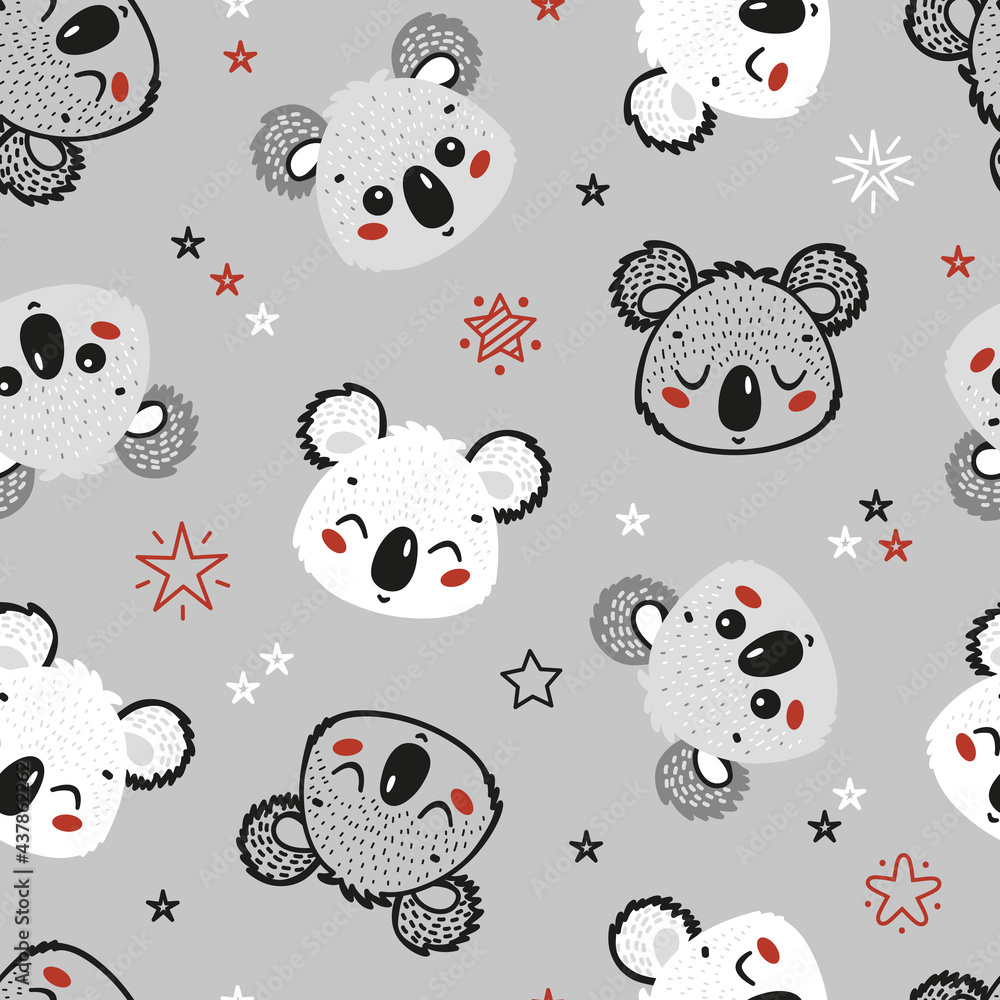 Cute Koala Bears and Stars Seamless Pattern. Childish Background. Vector Baby Animals Drawing for Tee Print for Kids