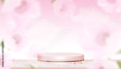 Podium Display with Spring Apple Blossom on Pink Studio room background,Vector Realistic 3D of Pink pastel Cylinder Stand platform on Rose gold foil Marble with Blossoming branches pink sakura