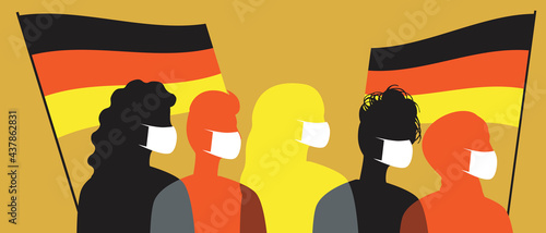 Germans in face masks with flags of Germany, silhouette vector stock illustration with coronavirus in Germany