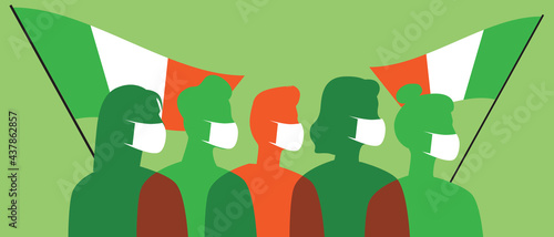 Italians in face masks with flags of Italy, silhouette vector stock illustration with coronavirus in Italy