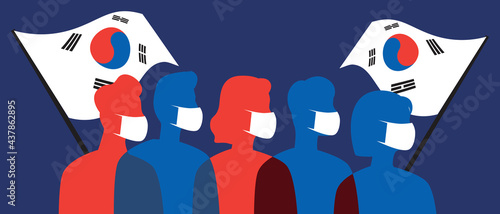 Koreans in face masks with flags of South Korea, silhouette vector stock illustration with coronavirus in Korea