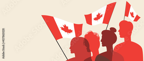 Silhouettes of canadians, copy space template, color vector stock illustration with people with flag of Canada as country patriots