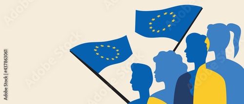 Silhouettes of Europeans, copy space template, color vector stock illustration with people with the flag of the European Union as country patriots