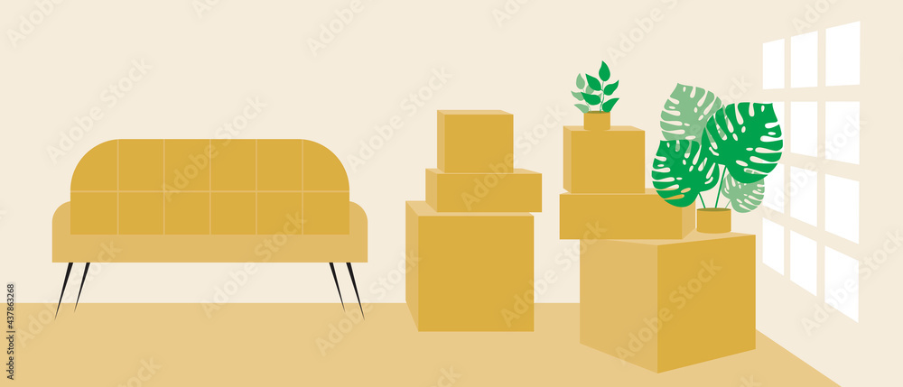 Apartment move with goods, flat vector stock illustration or copy space template and no one with empty room