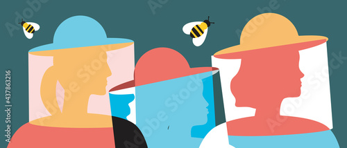 Women for bees, silhouette vector illustration with beekeepers with bees as a concept of eco-friendly honey production