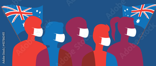 Australians in face masks with flags of Australia, silhouette vector stock illustration with coronavirus in Australia