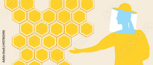Beekeeper in mask and honeycomb, backdrop with place for text, silhouette vector stock illustration with woman apiary worker